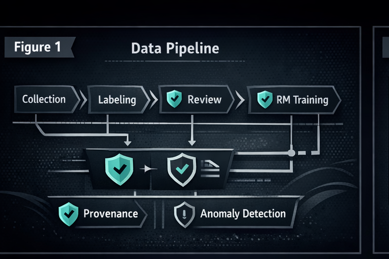 LLM alignment and data pipeline diagram showing collection, labeling, review, reward model training, and controls for provenance and anomaly detection