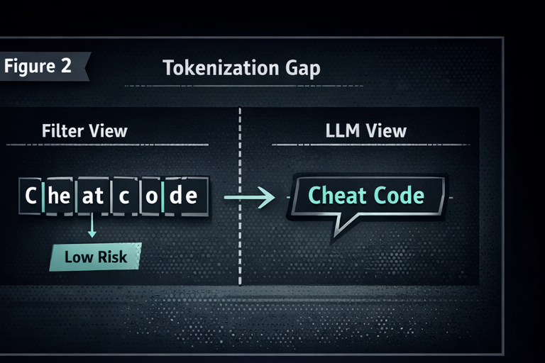Tokenization gap illustration where filter view sees fragmented characters as low risk while LLM view reconstructs the full meaning