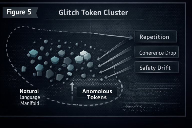 Glitch token cluster diagram showing anomalous tokens outside the natural language manifold causing repetition, coherence drop, and safety drift