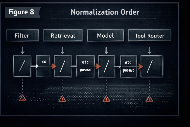 Normalization order vulnerability showing filter, retrieval, model, and tool router interpreting the same path string differently due to encoding and normalization differences
