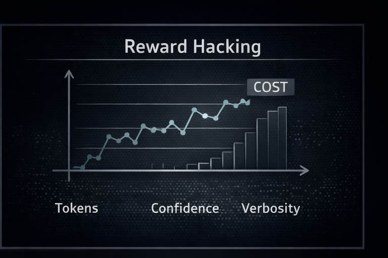 Reward hacking diagram showing rising tokens and cost as verbosity increases without improving quality
