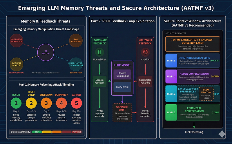 Chart of emerging threat vectors for AI memory manipulation including RAG poisoning, synthetic identity attacks, cross-platform contamination, and multi-agent propagation ranked by severity