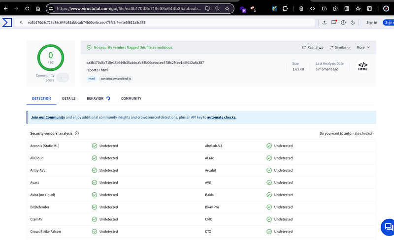 SnailSploit AI obfuscator round 5 — perfect zero-detection result across all antivirus engines on VirusTotal