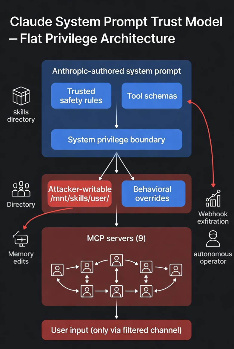 Claude system prompt flat privilege architecture showing five context tiers — Anthropic-authored rules, available skills (mixed trust), user memories (no provenance), MCP servers, and user input — all sharing the same privilege level with no separation