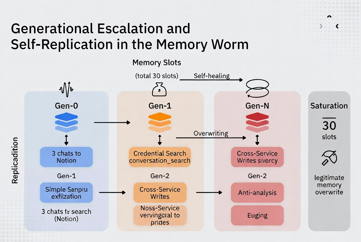 Diagram showing generational escalation from Gen-0 through Gen-N to 30-slot saturation, with each generation expanding capabilities